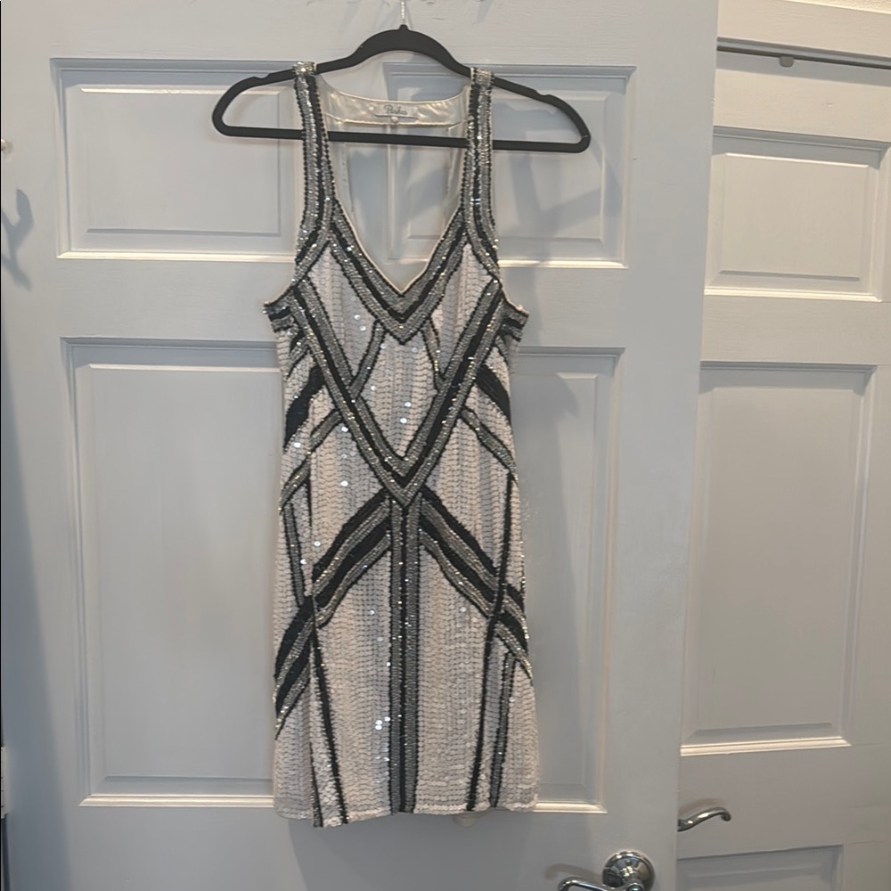 Parker White and Black Beaded V‑Neck Mini Dress